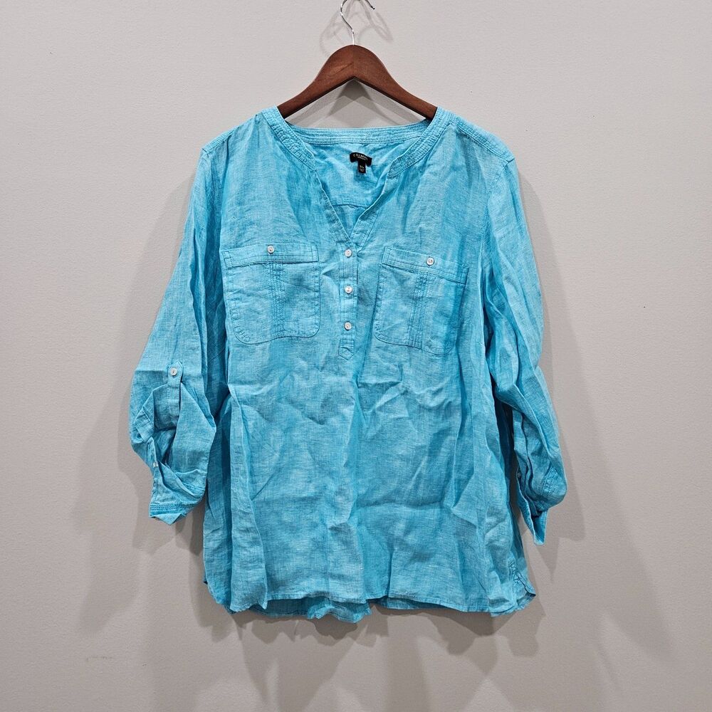 Talbots Womens Linen Popover Top 3XP Blue Roll Tab Sleeves Beach Vacation Casual